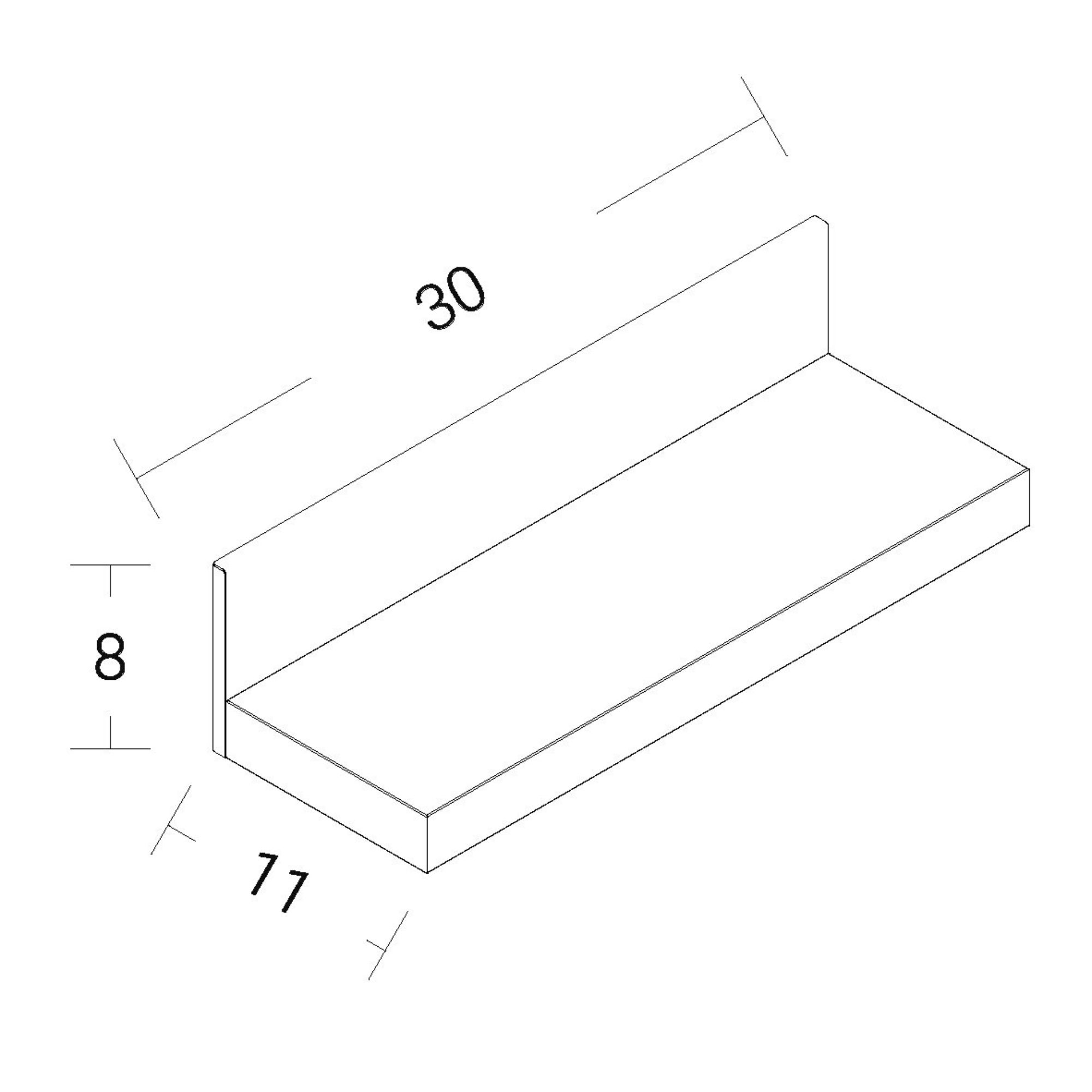 Massskizze des magnetischen Holzregals mit 30 cm Breite, 8 cm Höhe und 11 cm Tiefe