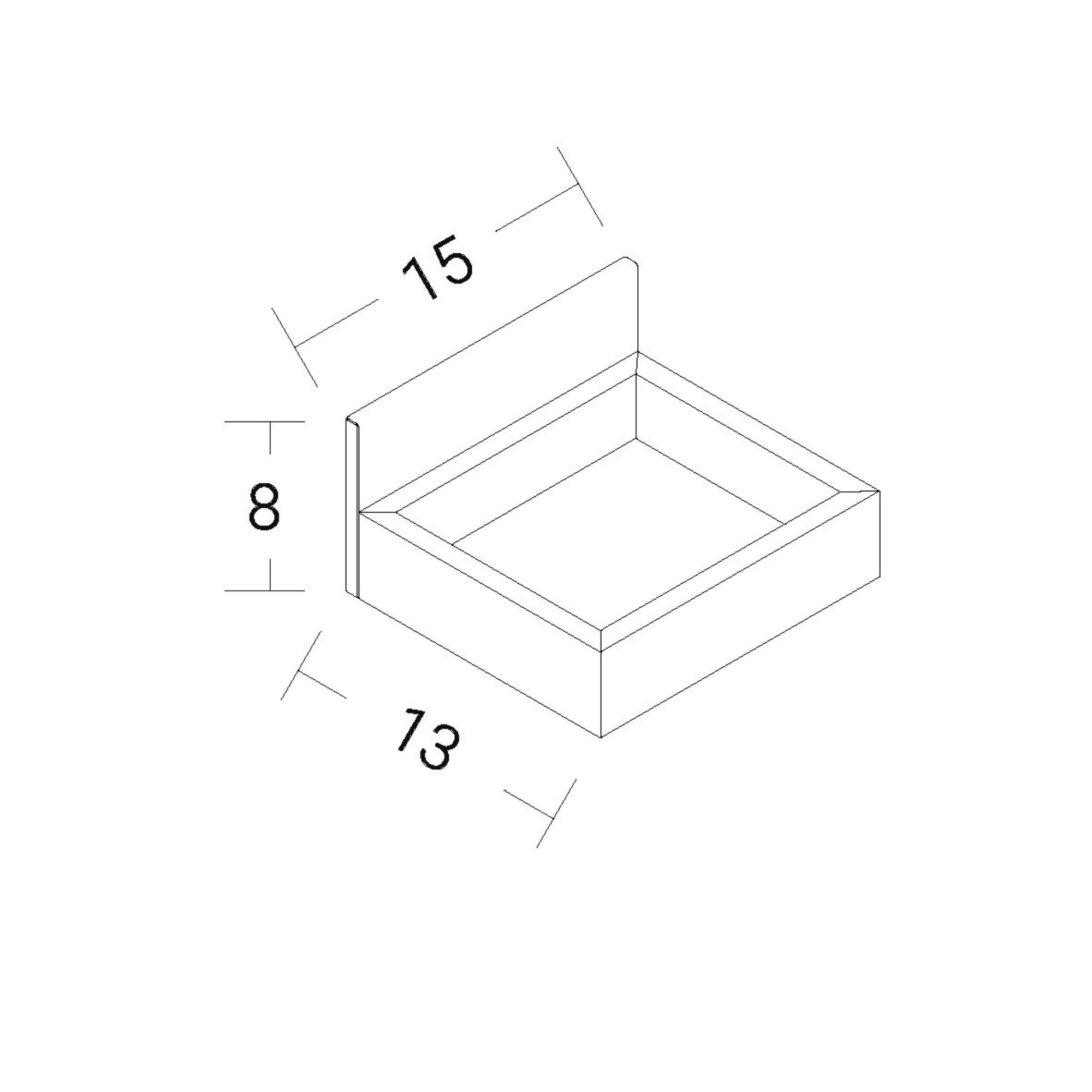 Massskizze der magnetischen Holzbox mit 15 cm Breite, 13 cm Tiefe und 8 cm Höhe
