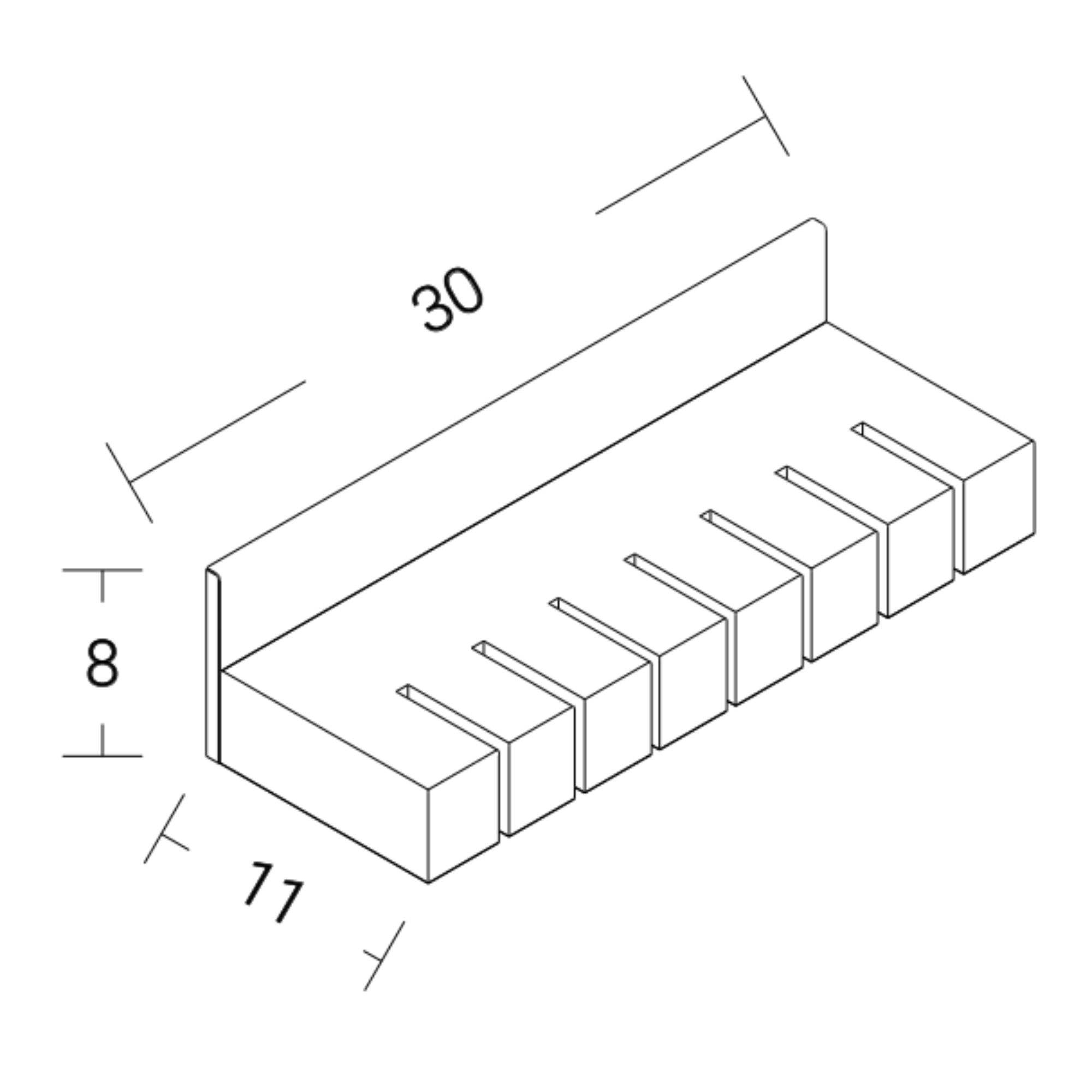 Massskizze des magnetischen Messerhalters mit 30 cm Breite, 8 cm Höhe und 11 cm Tiefe