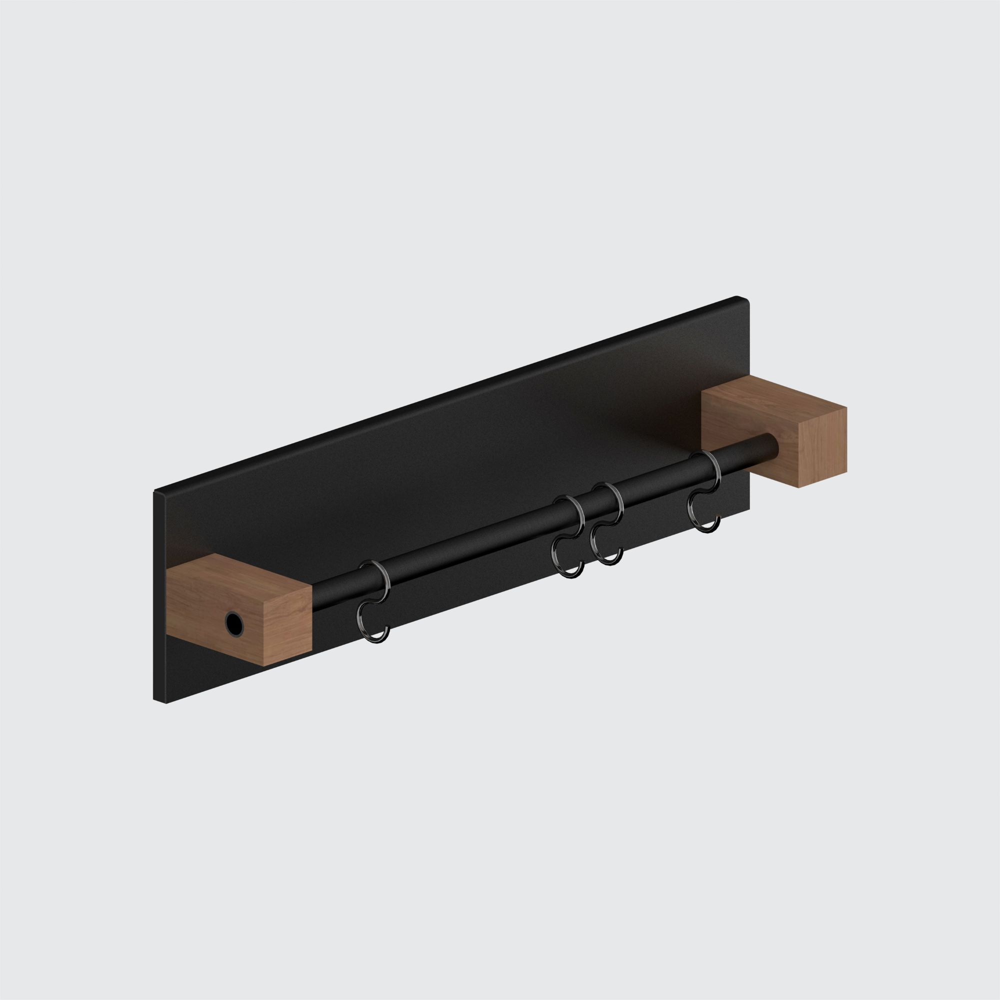 Magnetische Küchenreling in Schwarz mit Holzelementen und vier Haken für Küchenutensilien