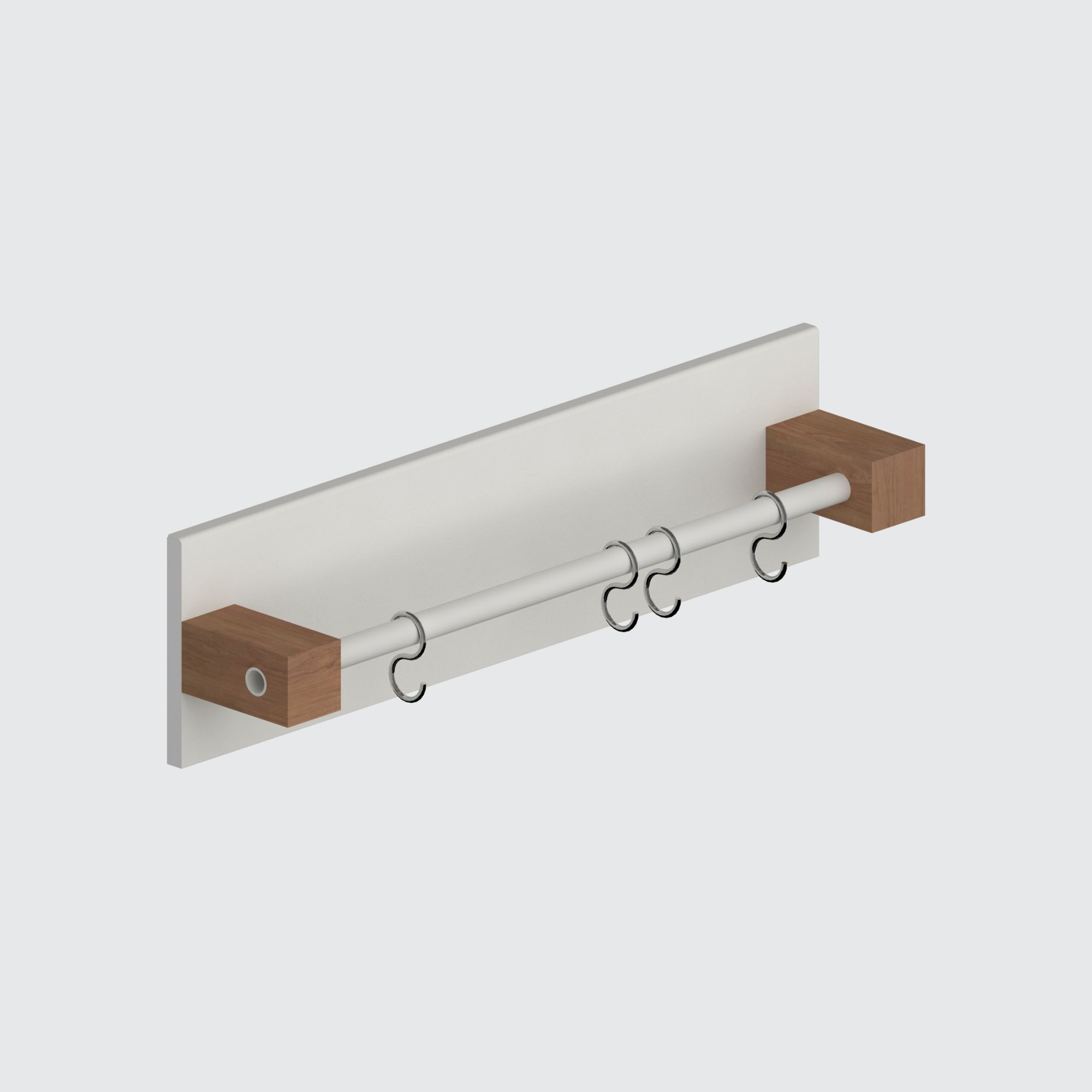 Magnetische Küchenreling in Weiss mit Holzelementen und vier Haken für Küchenutensilien