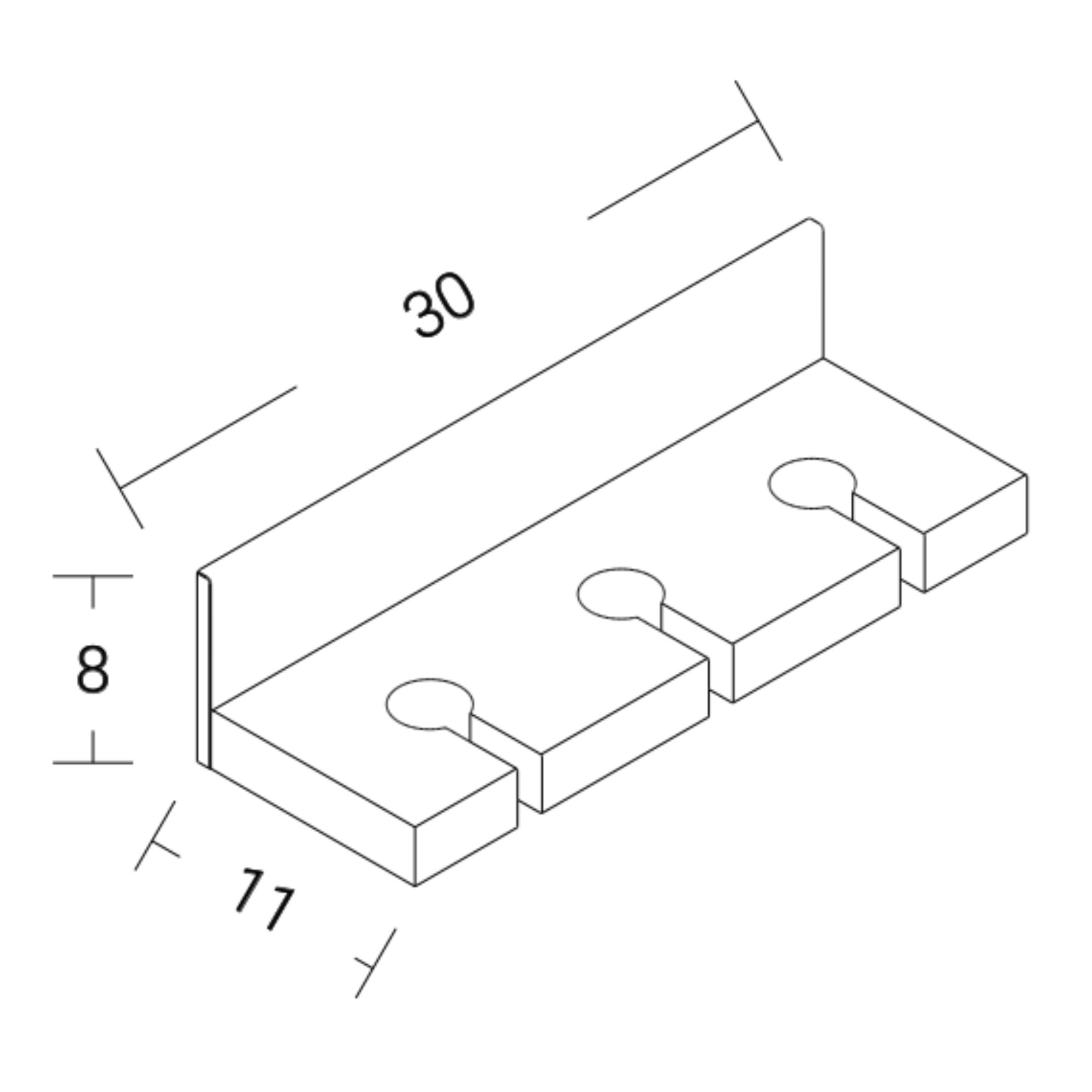 Massskizze des magnetischen Weinglashalters mit 30 cm Breite, 8 cm Höhe und 11 cm Tiefe