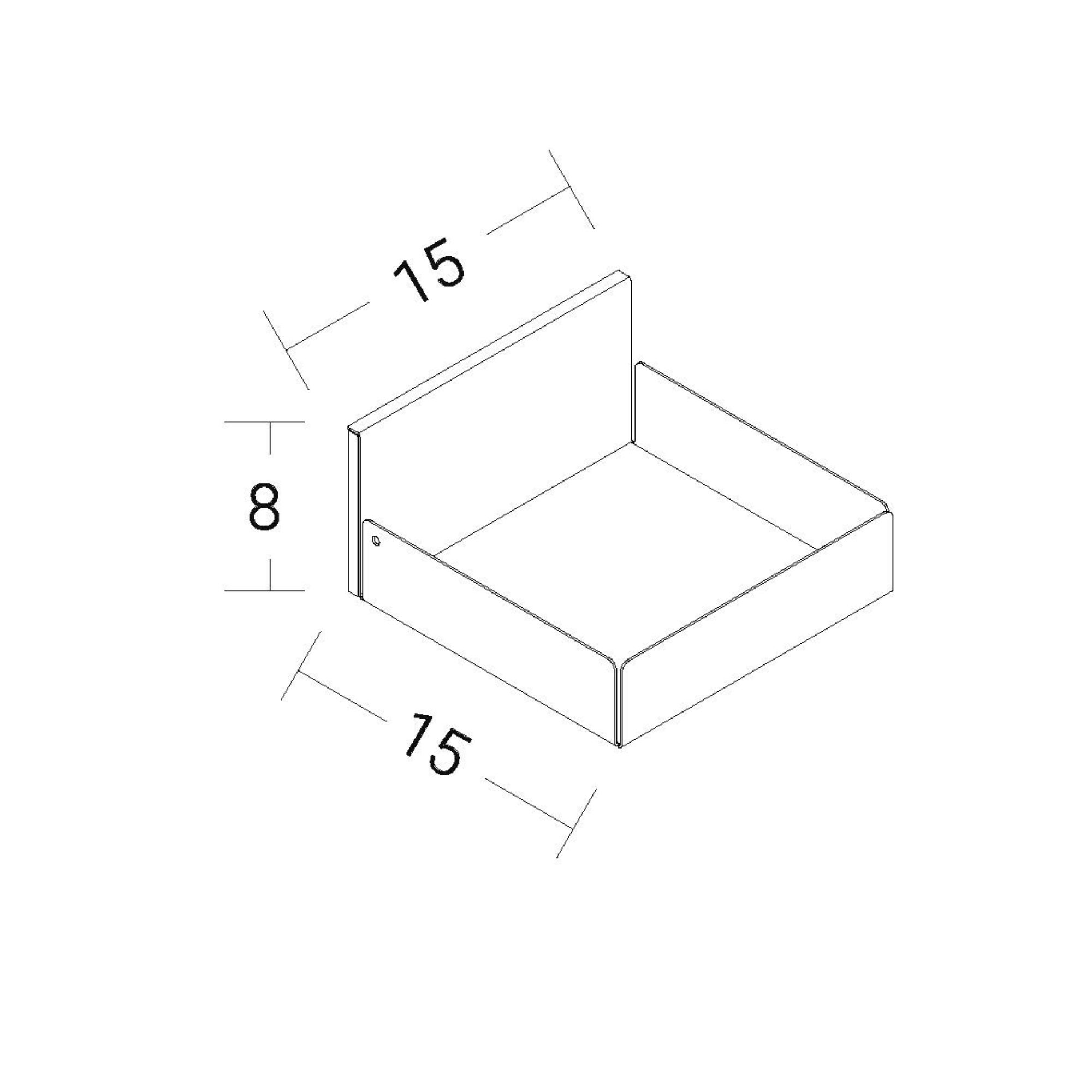 Massskizze der kleinen magnetischen Metallbox mit 15 cm Breite, 8 cm Höhe und 15 cm Tiefe