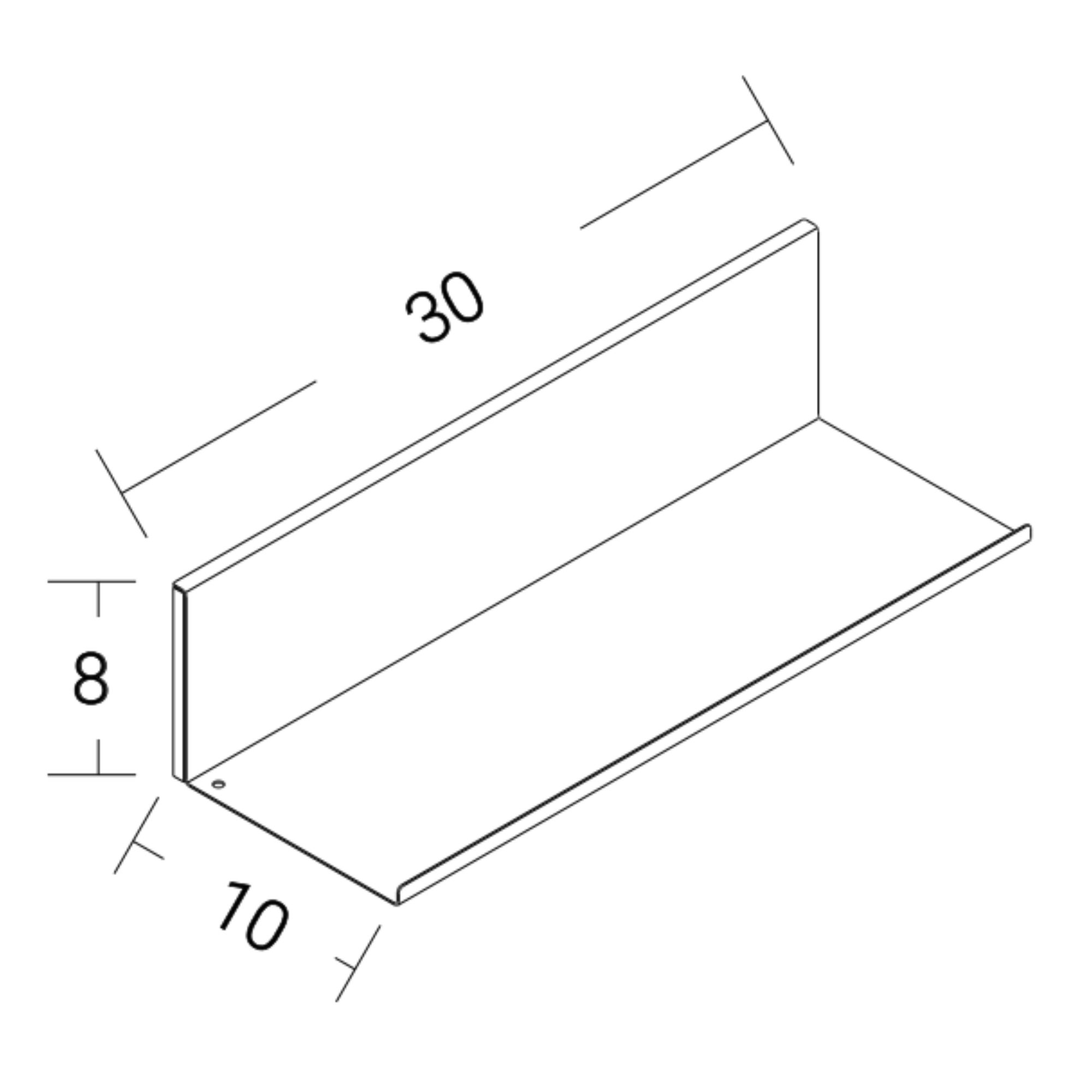 Massskizze des magnetischen Metallregals mit 30 cm Breite, 8 cm Höhe und 10 cm Tiefe