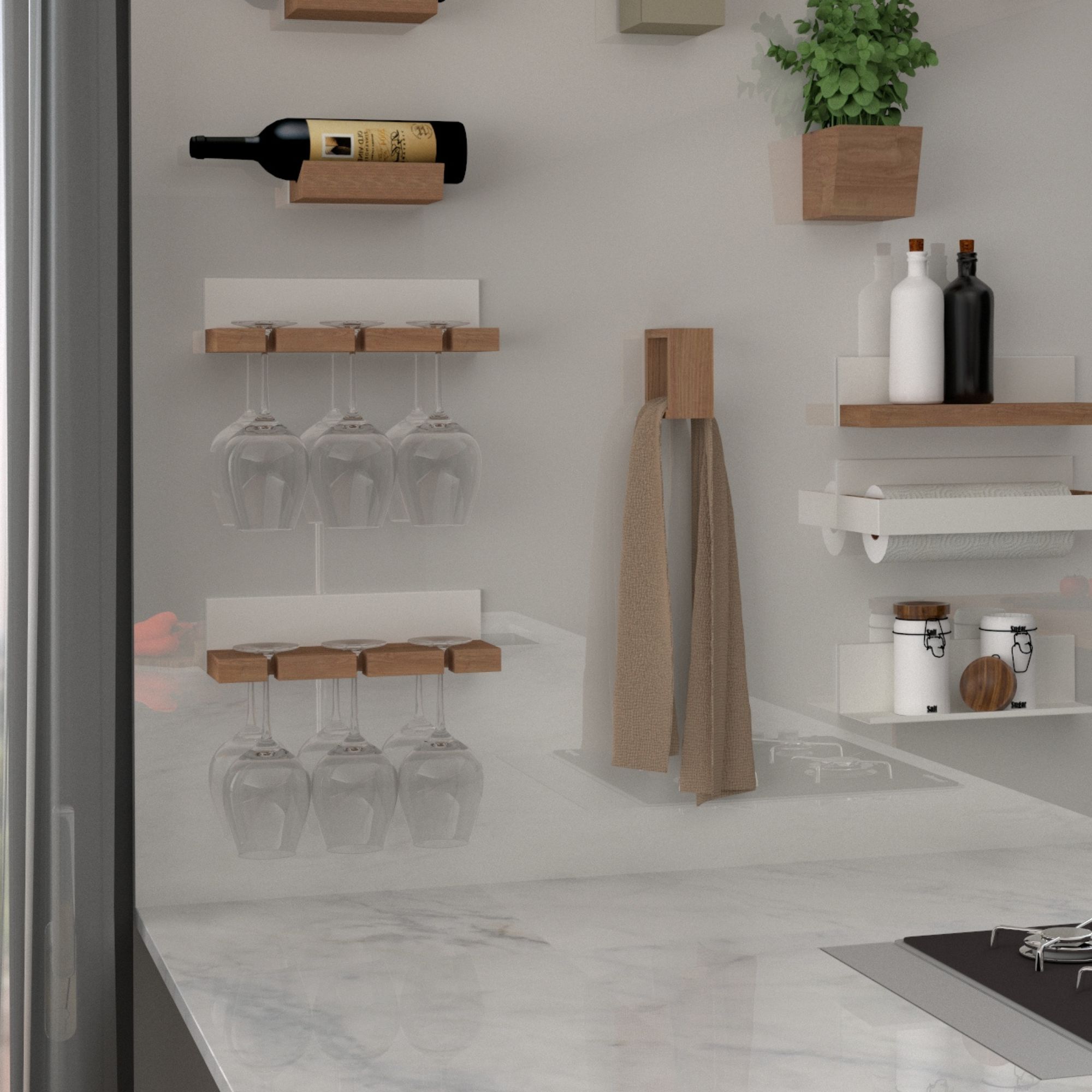 Magnetische Küchenaccessoires mit Weinglashaltern, Regalen und Küchenrollenhalter an einer Küchenrückwand