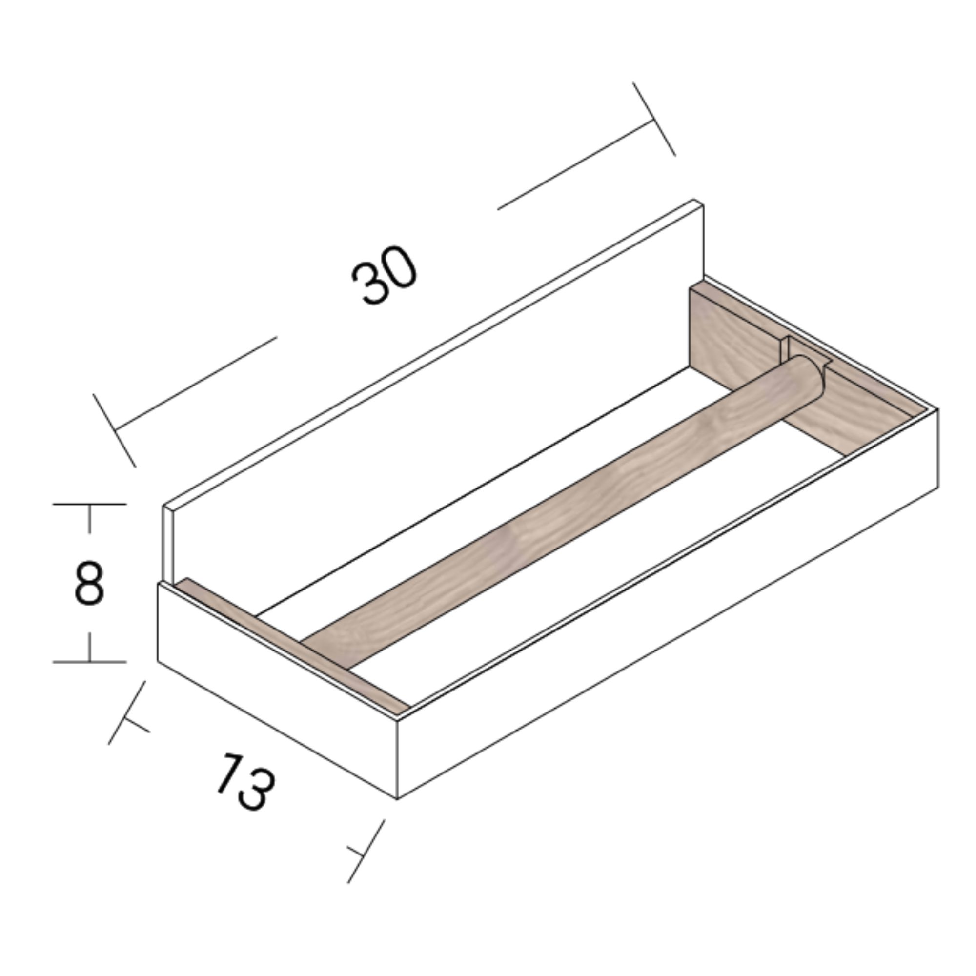 Massskizze des magnetischen Küchenrollenhalters mit 30 cm Länge, 13 cm Breite und 8 cm höhe