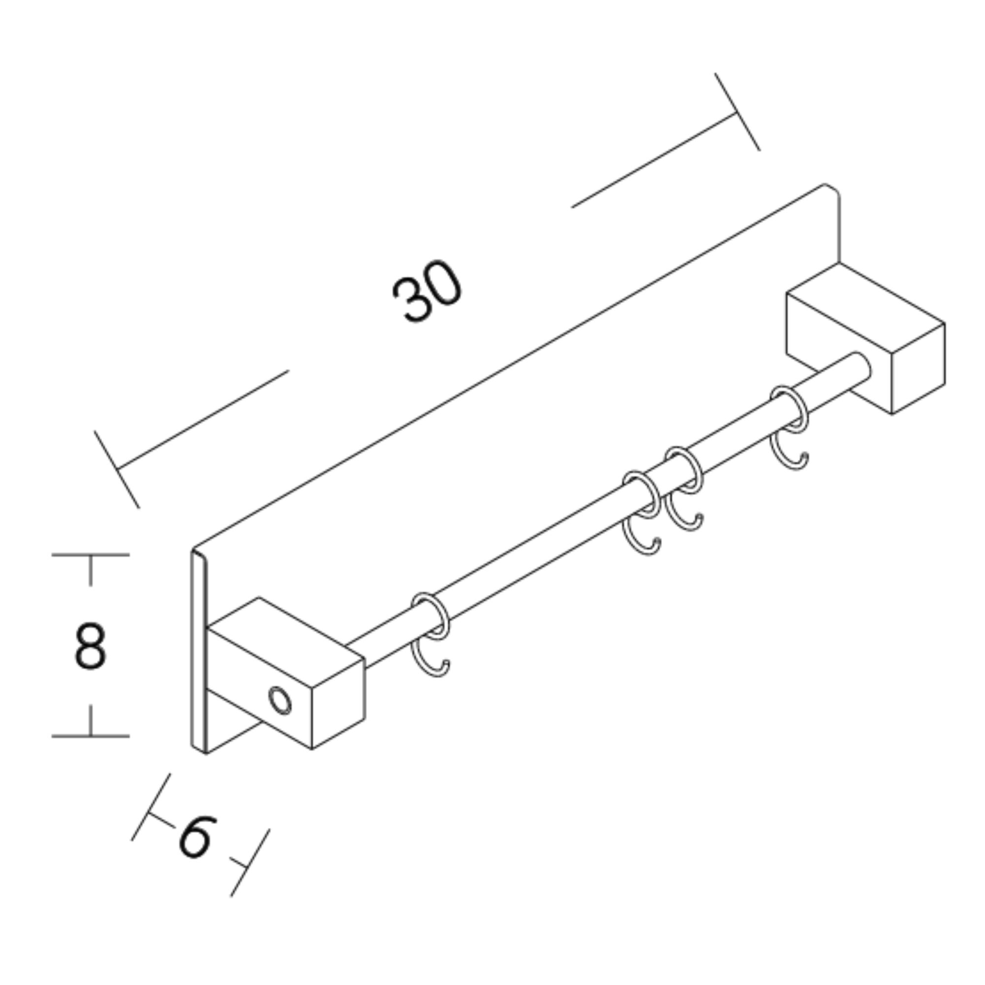 Massskizze der magnetischen Küchenreling mit 30 cm Breite, 8 cm Höhe und 6 cm Tiefe